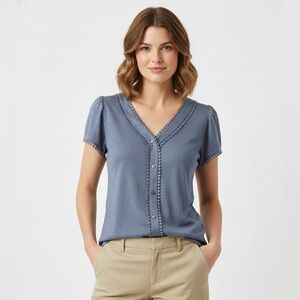 French Laundry Pom Pom Trim Button Front Blouse NWT Smokey Blue Lg SS Career Top